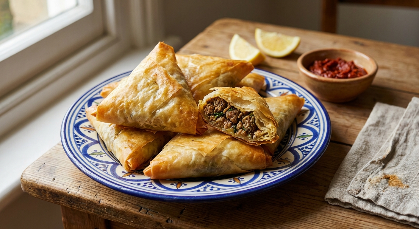 Mutton Rotti Triangle Moroccan Lamb Briouats (Crispy Phyllo Triangles) — Zaffaron